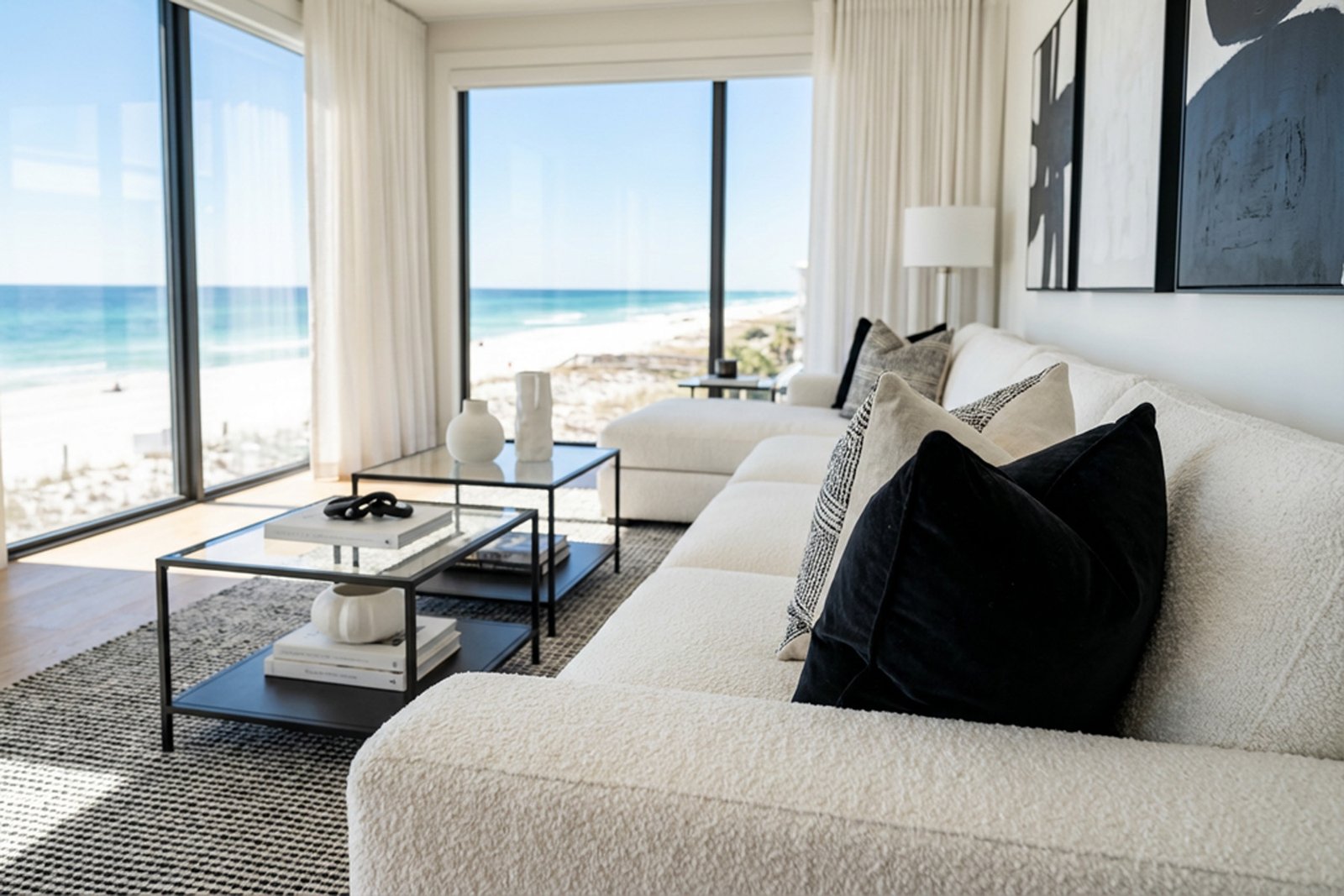 A contemporary beachfront living room in ivory bouclé and black steel