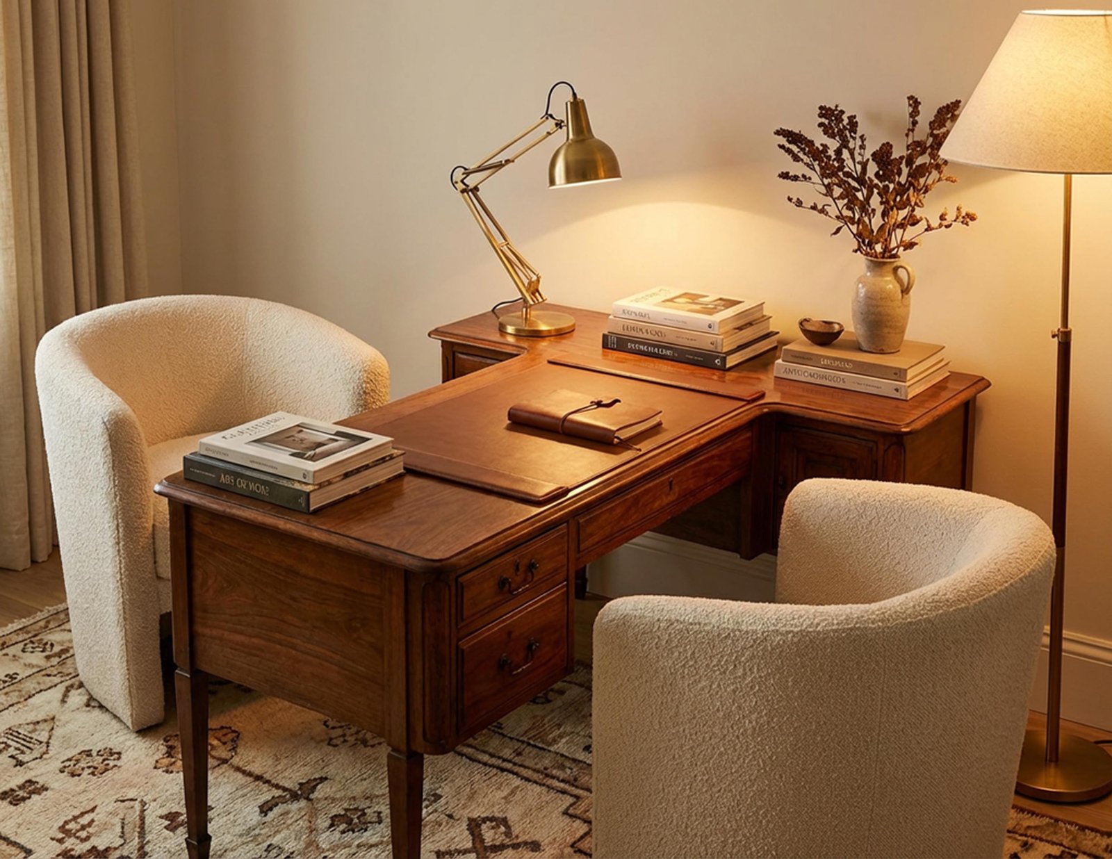 A quiet study corner with a writing desk and two bouclé armchairs