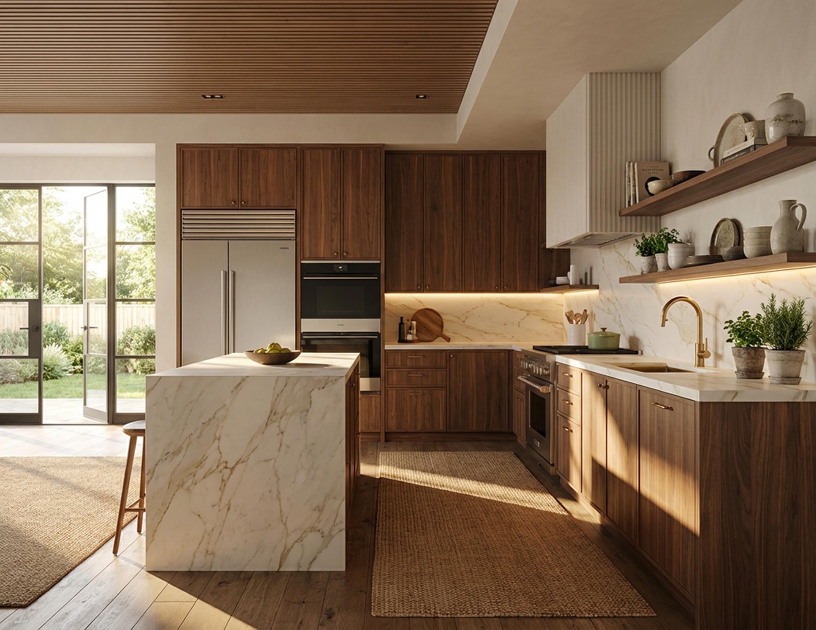A walnut kitchen with a marble island and brass fittings