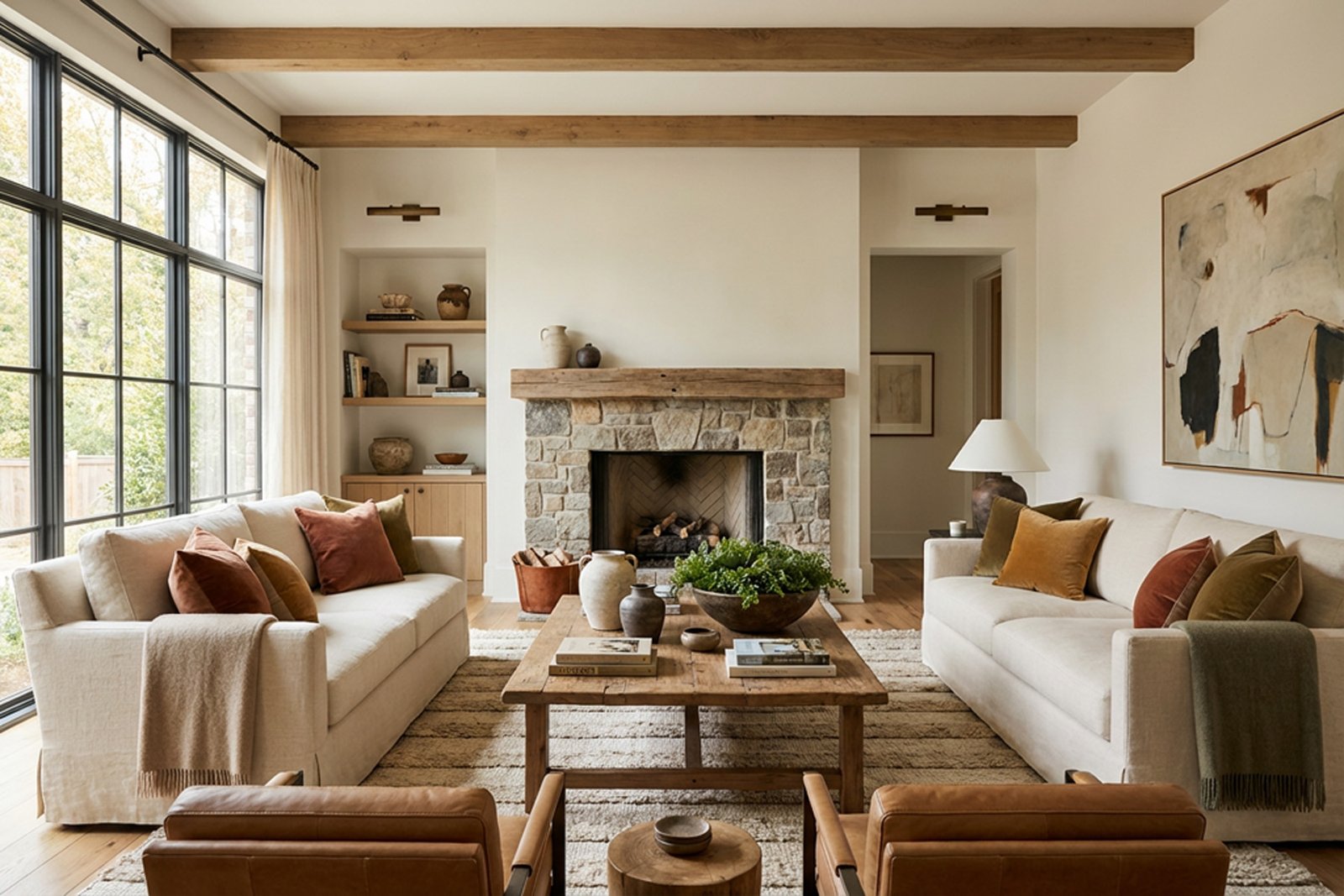 A beamed living room with a stone fireplace and layered neutral upholstery